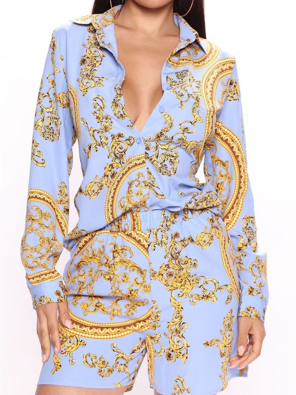 Fashion Nova Blue and Gold Baroque Print Button-Up Set